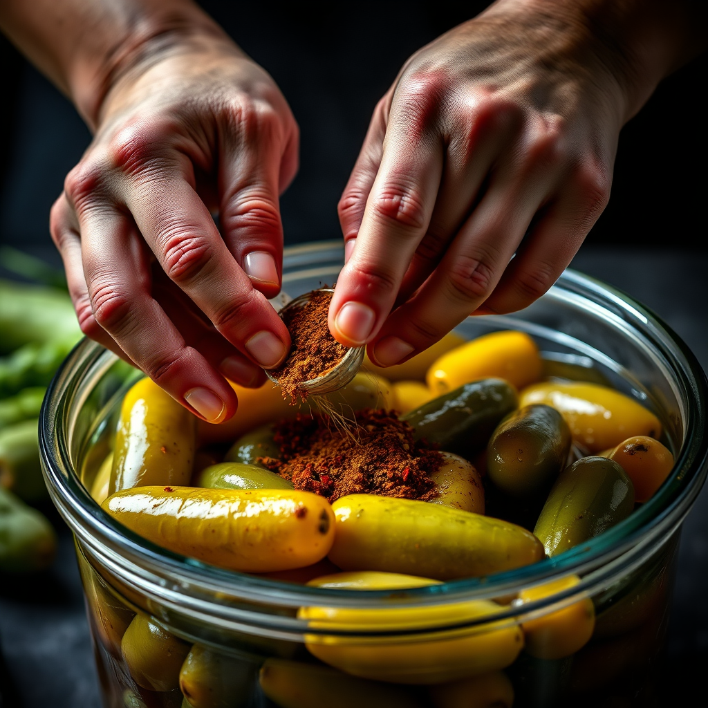 A close-up, artistic image of hands carefully adding spices to a batch of pickles. The lighting should be dramatic, highlighting the textures and colors. The background should be dark and blurred, focusing on the hands and the ingredients. 4K resolution.