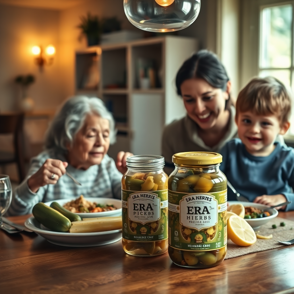 A heartwarming image depicting a family (grandmother, mother, child) enjoying a meal together, with ERA HERBS pickle prominently featured on the table. The setting should be a cozy, well-lit dining room. The focus is on the connection and warmth between the family members. 4K resolution.