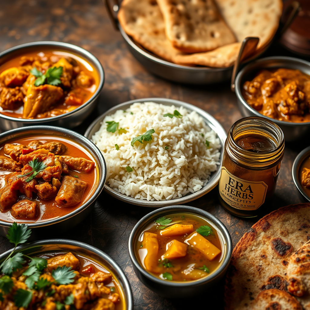 A photorealistic image showcasing a variety of dishes (Indian curries, rice, bread) with a small bowl of ERA HERBS pickle alongside. The lighting should be warm and inviting, highlighting the appetizing nature of the food. The composition should be balanced and visually appealing. 4K resolution.