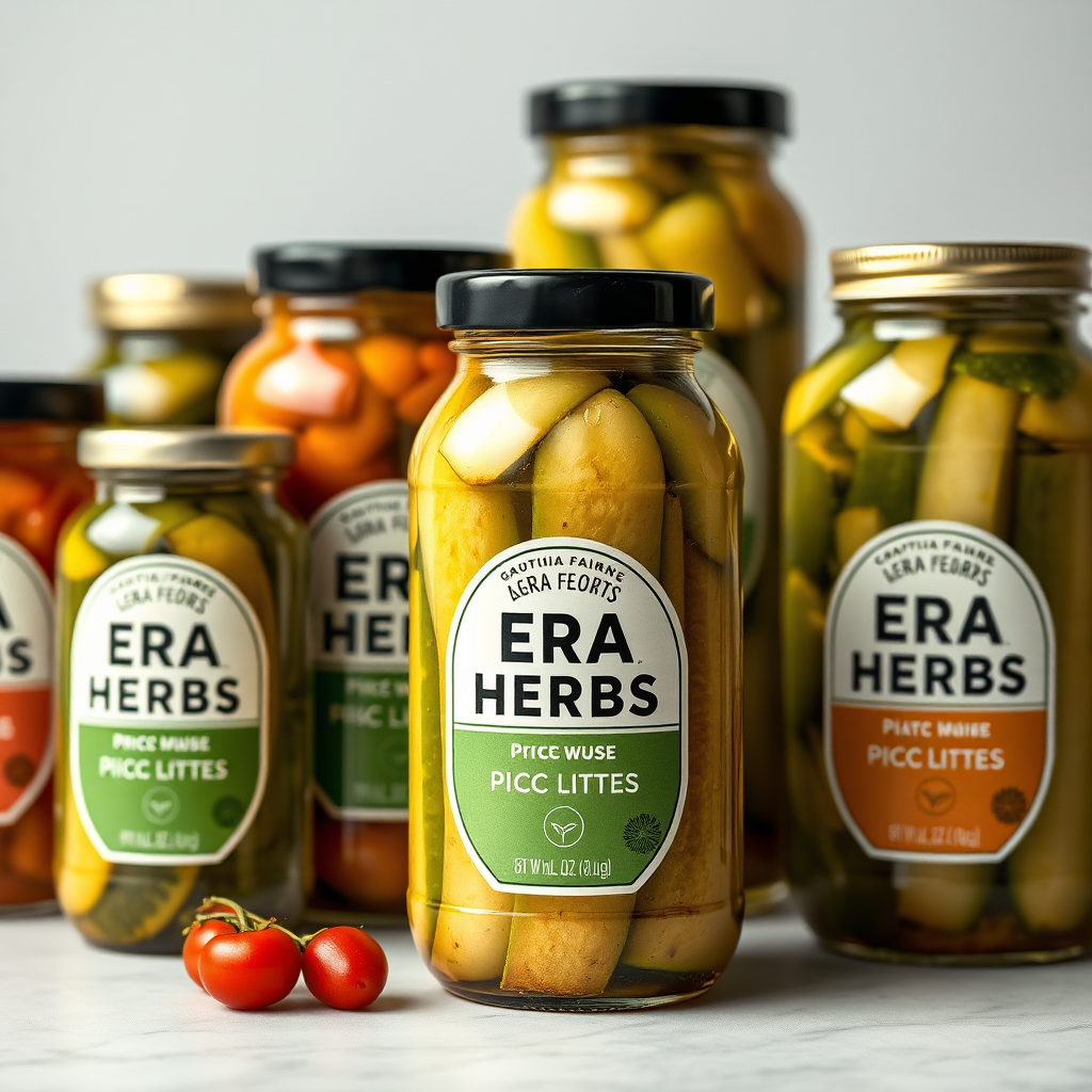 A photorealistic image showcasing a range of ERA HERBS pickles in different sized jars, arranged in a visually appealing manner. Each jar should be labeled, highlighting the different flavors. Soft, diffused lighting to accentuate the colors and textures. The background should be a clean, neutral surface. 4K resolution.