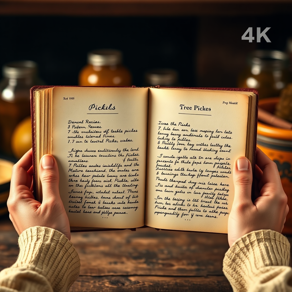 A stylized image of an old, handwritten recipe book open to a page with a pickle recipe. The background should be blurred, focusing on the recipe and the hands holding the book. Warm color palette with a vintage feel. 4K resolution.