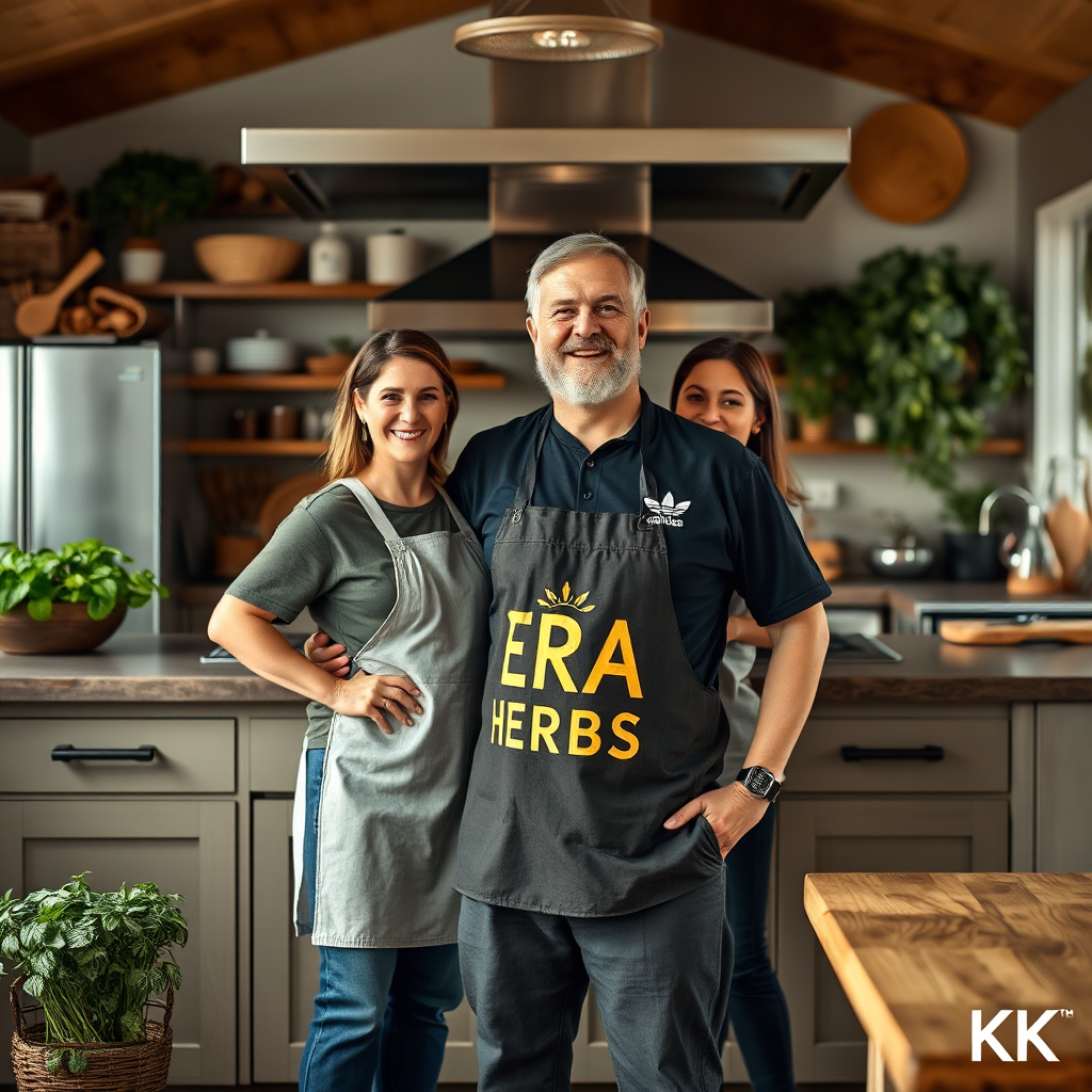 An image showcasing the ERA HERBS team (or the owner) standing proudly in front of their home-based kitchen. The setting should be warm and inviting. The focus is on the people and their passion for their craft. 4K resolution.