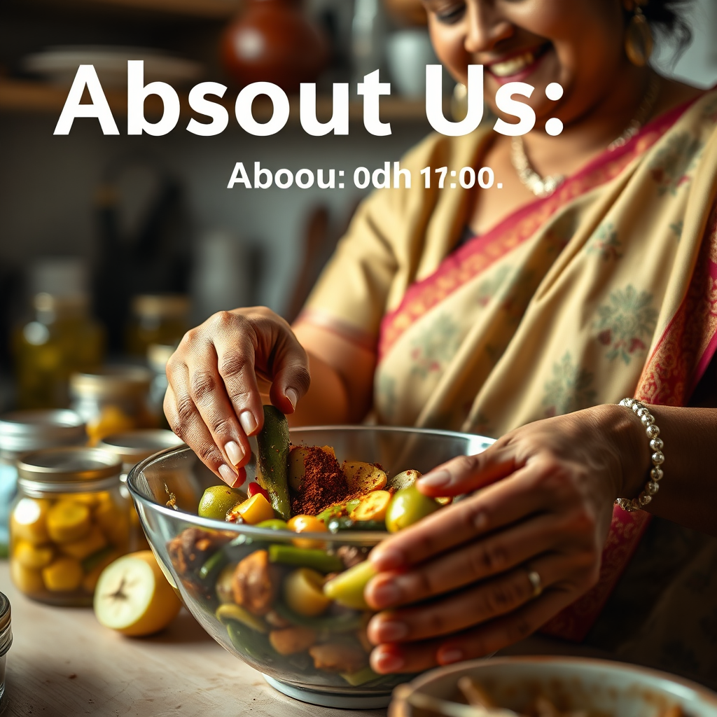 Create a photorealistic image for the About Us section. The image should feature a close-up shot of a woman's hands (presumably the owner of ERA HERBS) lovingly preparing pickles. She's wearing a traditional Indian outfit and a warm smile. Her hands are expertly mixing spices with vegetables in a large bowl. The lighting should be warm and inviting, focusing on the texture of the ingredients. The background should be a clean, organized kitchen setting. A few jars of finished pickles are visible in the background. Camera angle: slightly low to emphasize the expertise and care in her hands. Color palette: warm and earthy tones. Style: a blend of rustic and contemporary, reflecting the heritage and modern appeal of the brand. 4K resolution, high quality.