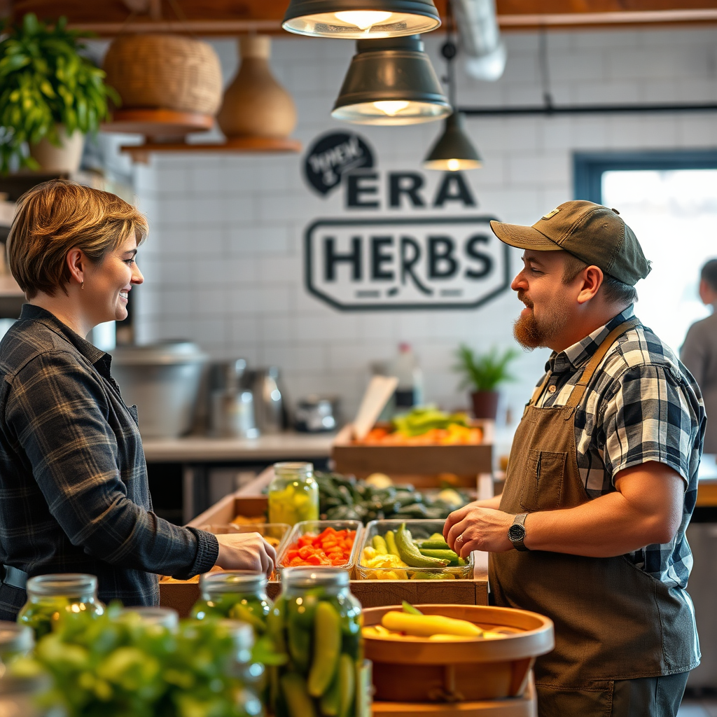 Image of a customer discussing their pickle order with the owner of ERA HERBS. The scene is set in a kitchen or market setting. The atmosphere should be friendly and engaging. The focus is on the interaction between the customer and the owner. 4K resolution.