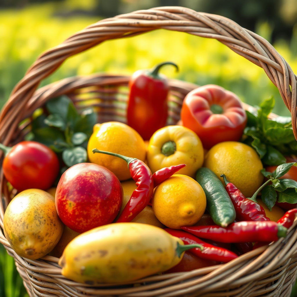 Photorealistic image featuring a vibrant assortment of fresh vegetables (mangoes, lemons, chilies) arranged artfully in a wicker basket. Soft, natural sunlight should illuminate the vegetables, highlighting their vibrant colors and textures. A blurred background reveals a lush green field or garden. 4K resolution.