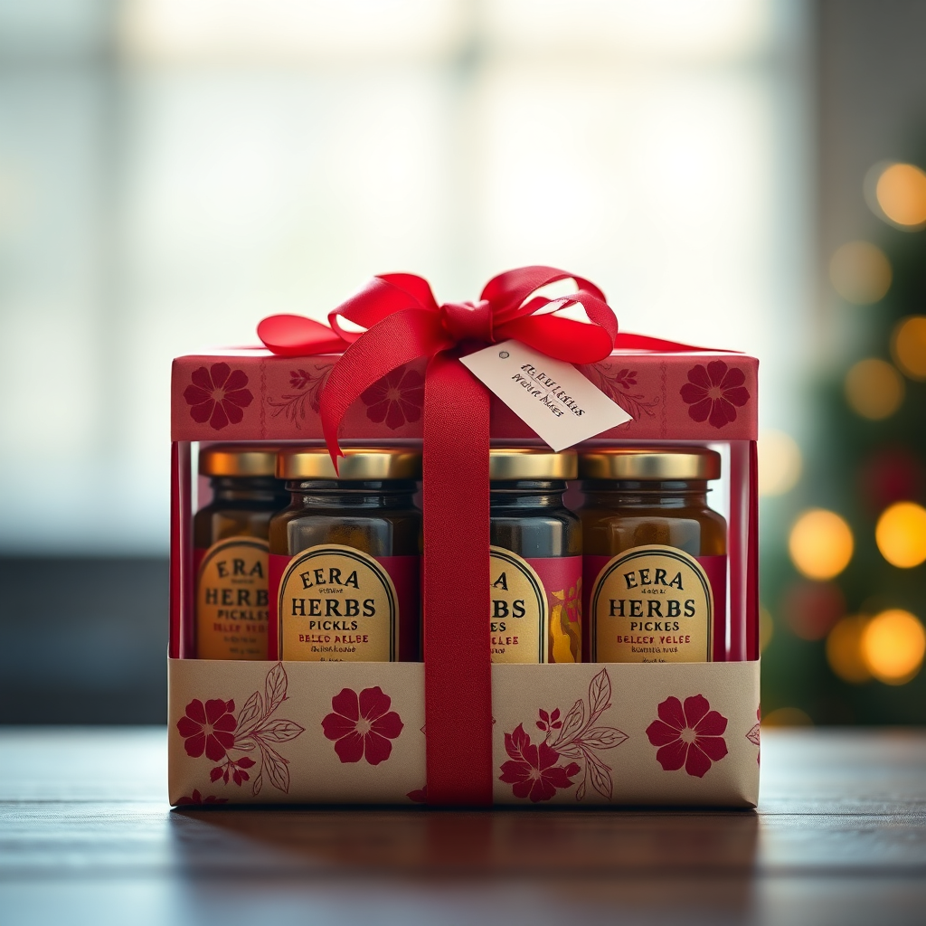 Photorealistic image of a beautifully wrapped gift package containing a selection of ERA HERBS pickles. The packaging should be elegant and festive. The background is blurred to highlight the gift. Lighting is soft and warm. 4K resolution.