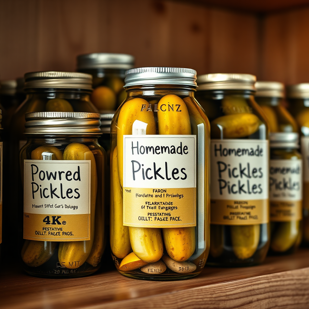 Photorealistic image of various jars containing homemade pickles, arranged on a wooden shelf. Each jar has a unique label, highlighting the flavor of the pickle inside. The background is blurred to emphasize the jars. Lighting is warm and inviting. 4K resolution.