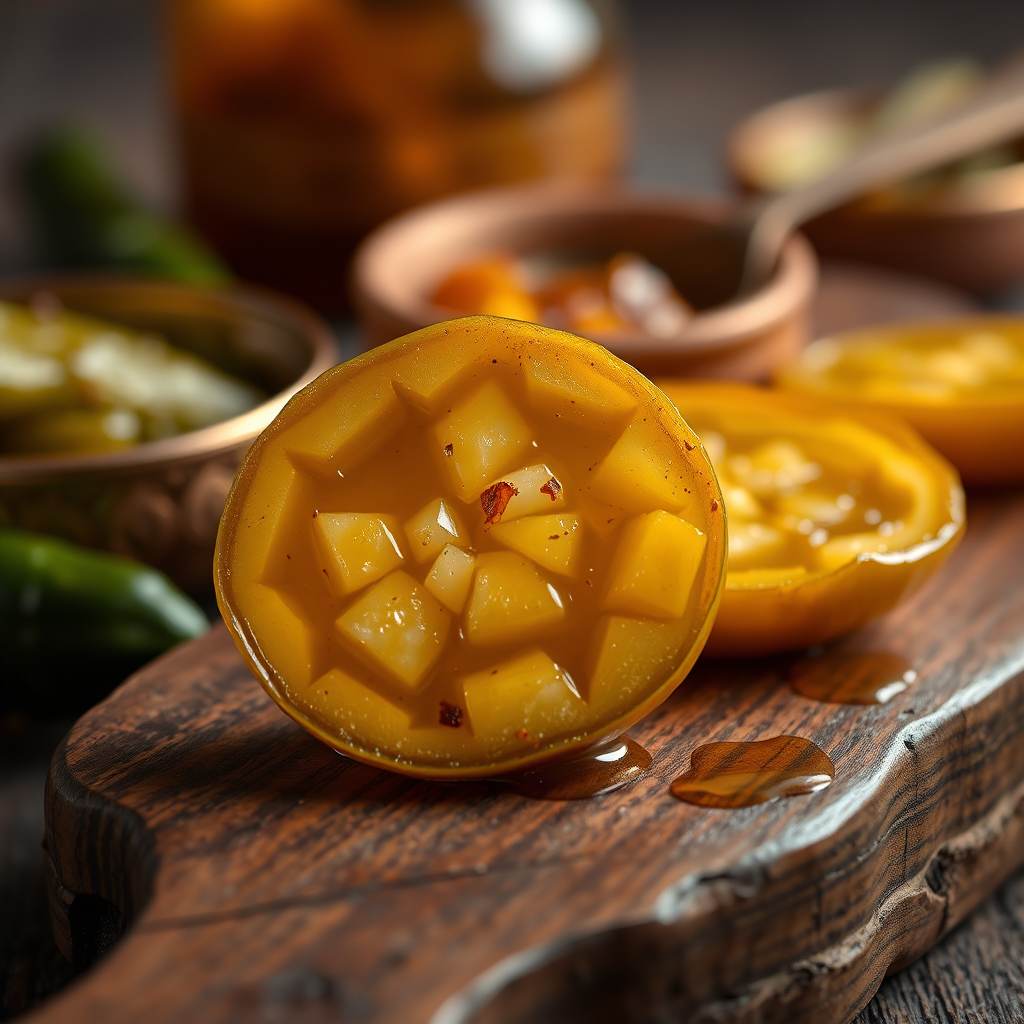 Photorealistic image showcasing a close-up of a single, perfectly formed pickle slice on a rustic wooden board. The slice should be glistening with oil and spices. The background should be softly blurred, featuring other pickles and traditional Indian utensils. Lighting should be warm and inviting, highlighting the texture and color of the pickle. 4K resolution.