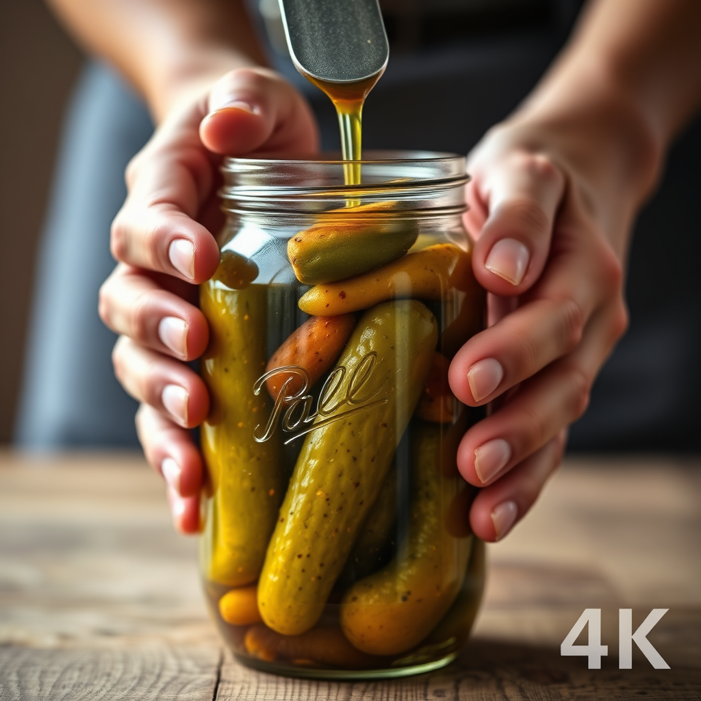 Stylized image of a mason jar being filled with homemade pickles. Focus on the hands doing the filling, conveying a sense of artisanal care. Use selective focus to blur the background and highlight the act of crafting. Warm color palette with a slightly vintage feel. 4K resolution.